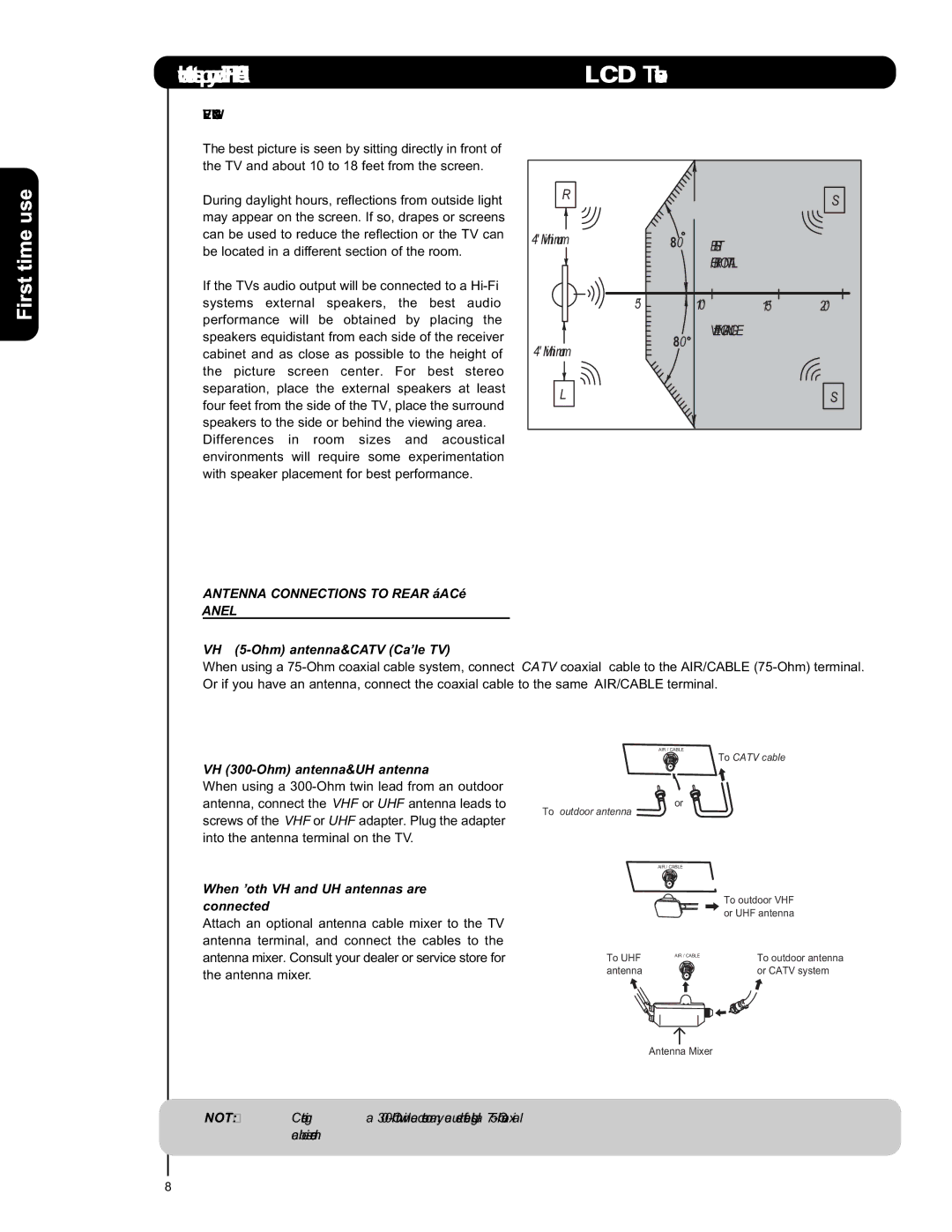 Hitachi L42V651 Antenna Connections to Rear Jack Panel, VHF 75-Ohm antenna/CATV Cable TV, VHF 300-Ohm antenna/UHF antenna 