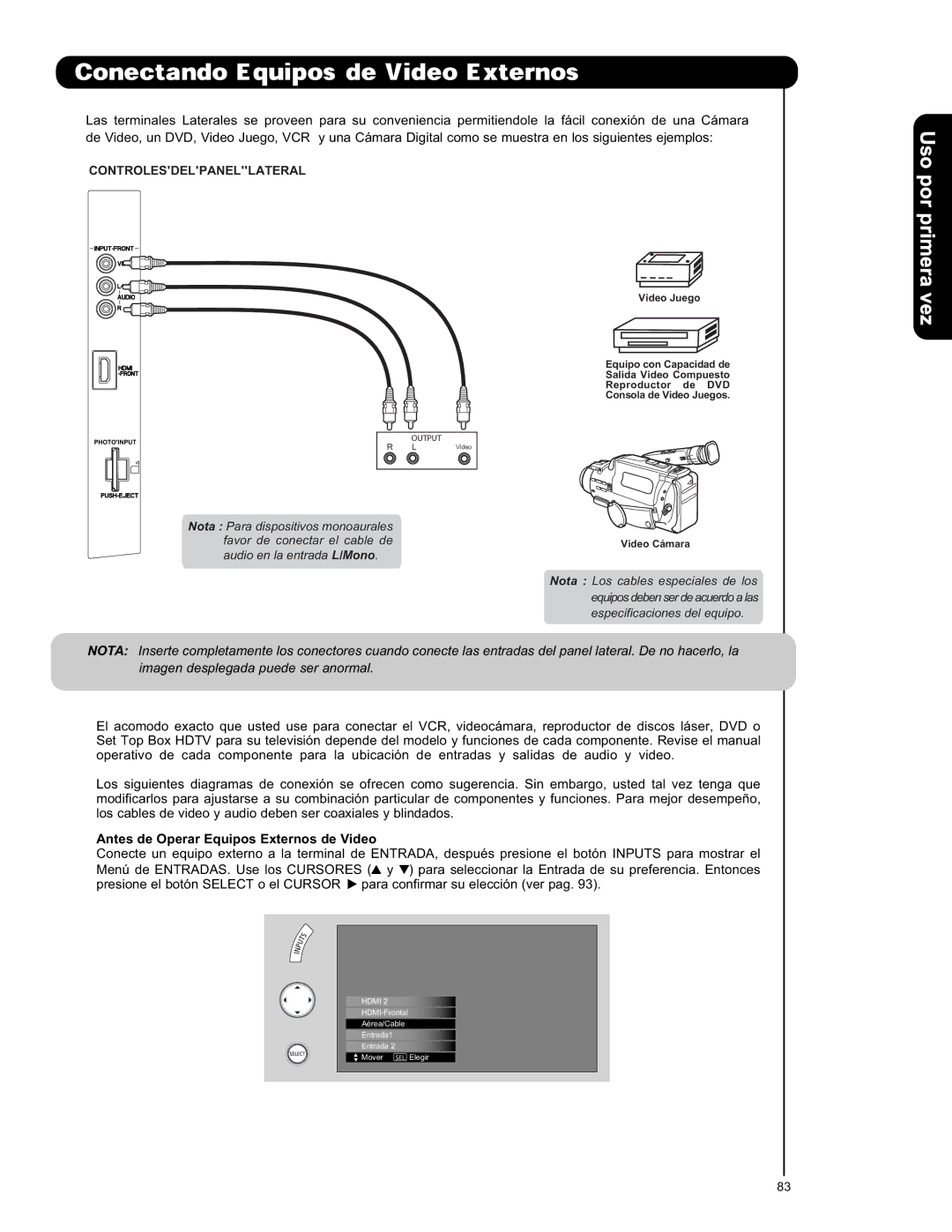 Hitachi L47V651, L42V651 important safety instructions Uso por primera, Antes de Operar Equipos Externos de Video 