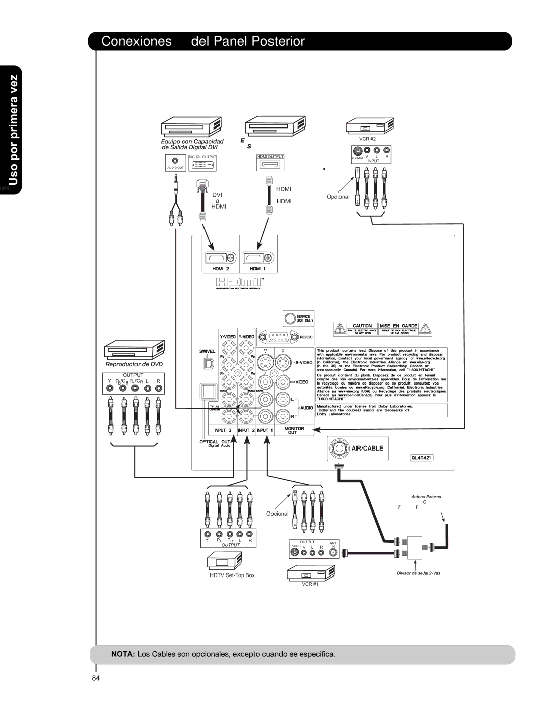 Hitachi L42V651, L47V651 important safety instructions Nota Los Cables son opcionales, excepto cuando se especifica 