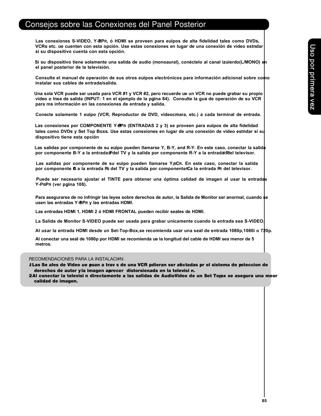 Hitachi L47V651, L42V651 important safety instructions Recomendaciones Para LA Instalación 