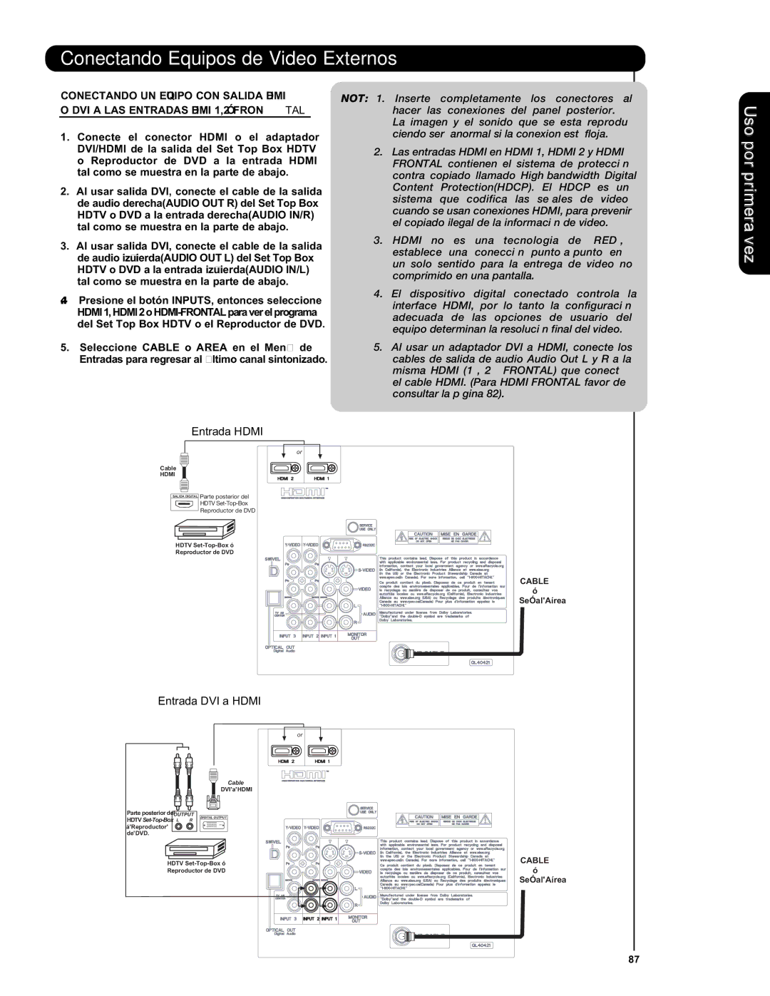 Hitachi L47V651, L42V651 important safety instructions Entrada Hdmi, Entrada DVI a Hdmi 