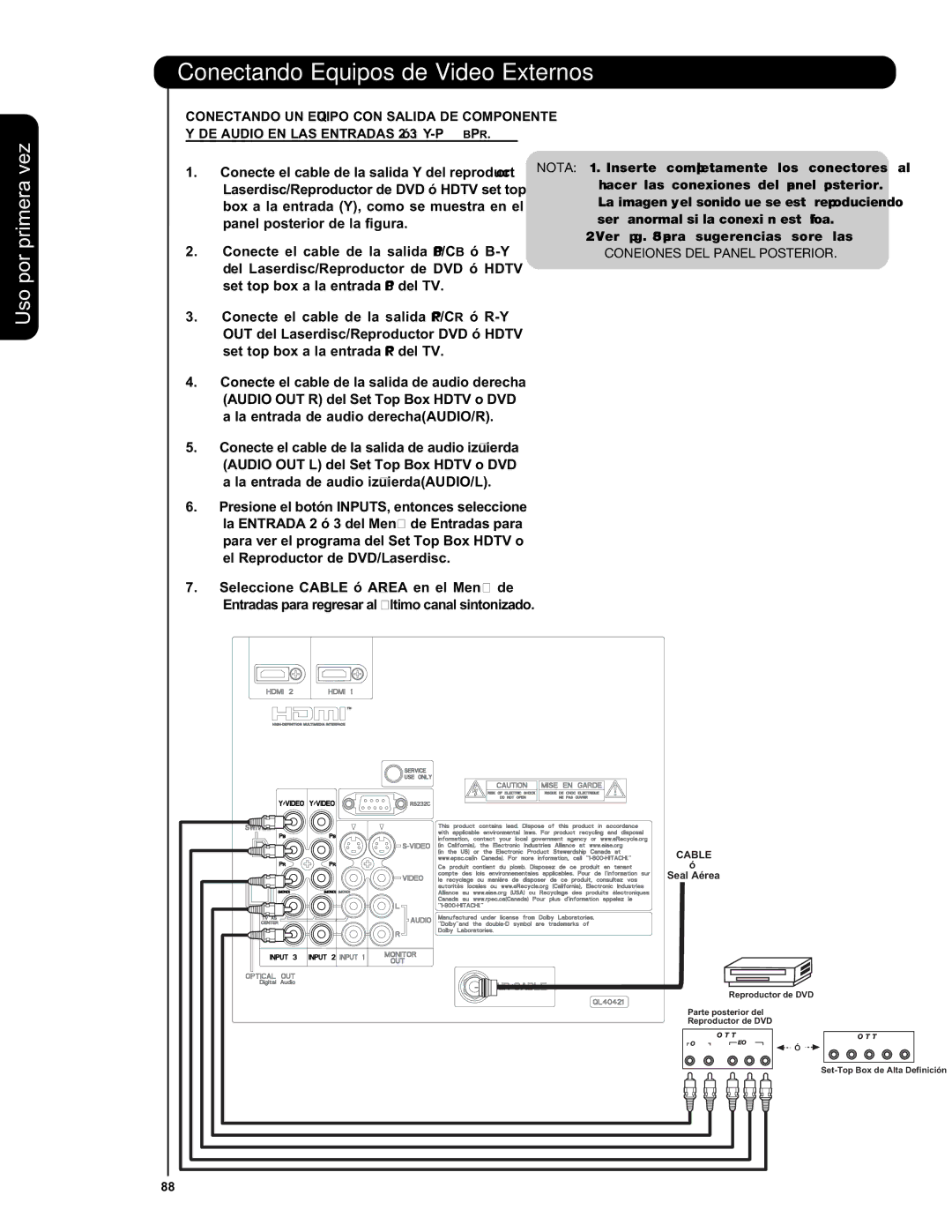 Hitachi L42V651, L47V651 important safety instructions Conexiones DEL Panel Posterior 