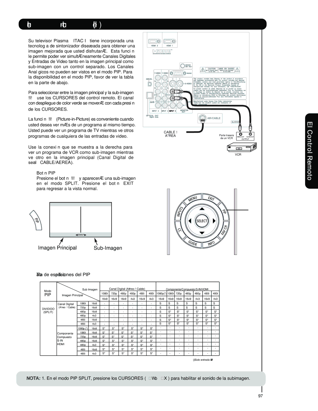 Hitachi L47V651, L42V651 important safety instructions Tabla de especificaciones del PIP, Botón PIP 