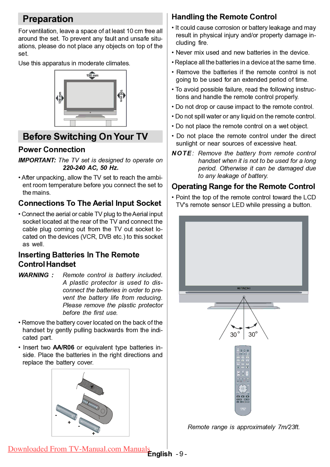 Hitachi L42VP01U manual Preparation, Before Switching On Your TV 