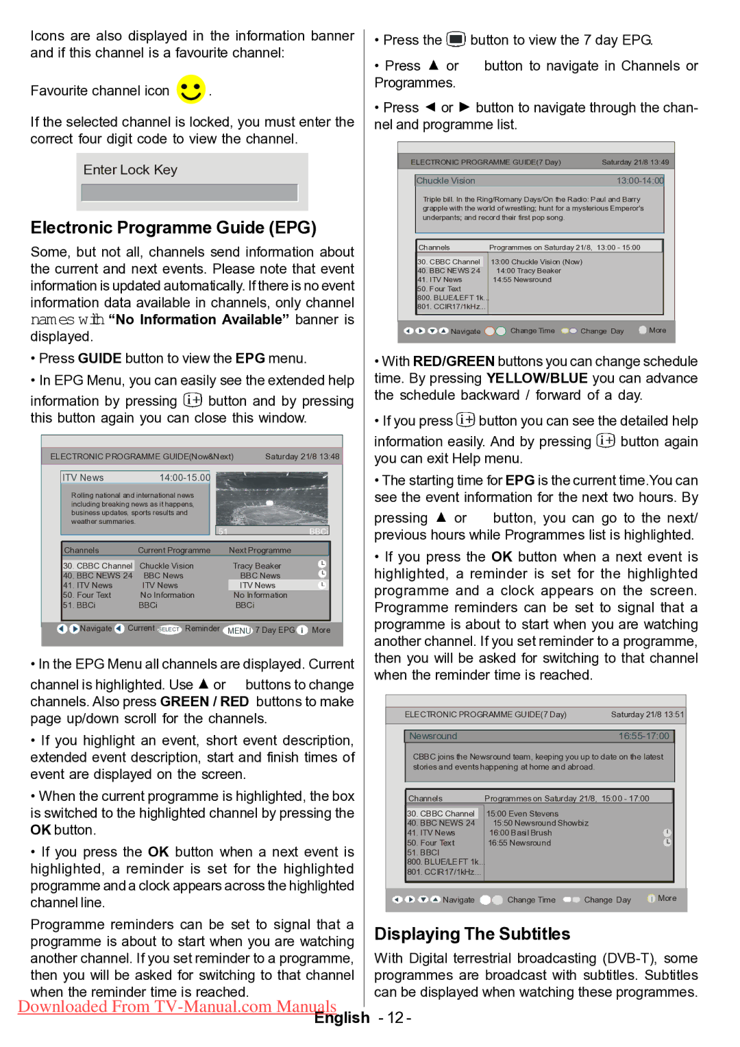 Hitachi L42VP01U manual Electronic Programme Guide EPG, Displaying The Subtitles 