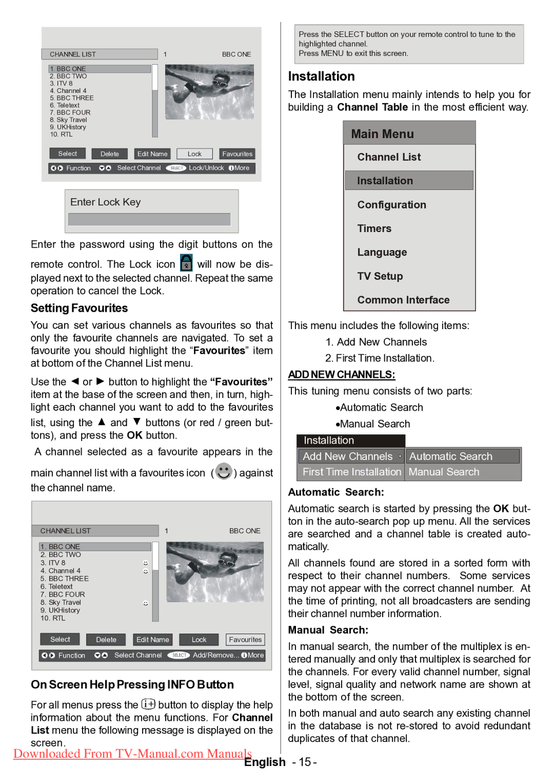 Hitachi L42VP01U Installation, Setting Favourites, On Screen Help Pressing Info Button, Automatic Search, Manual Search 