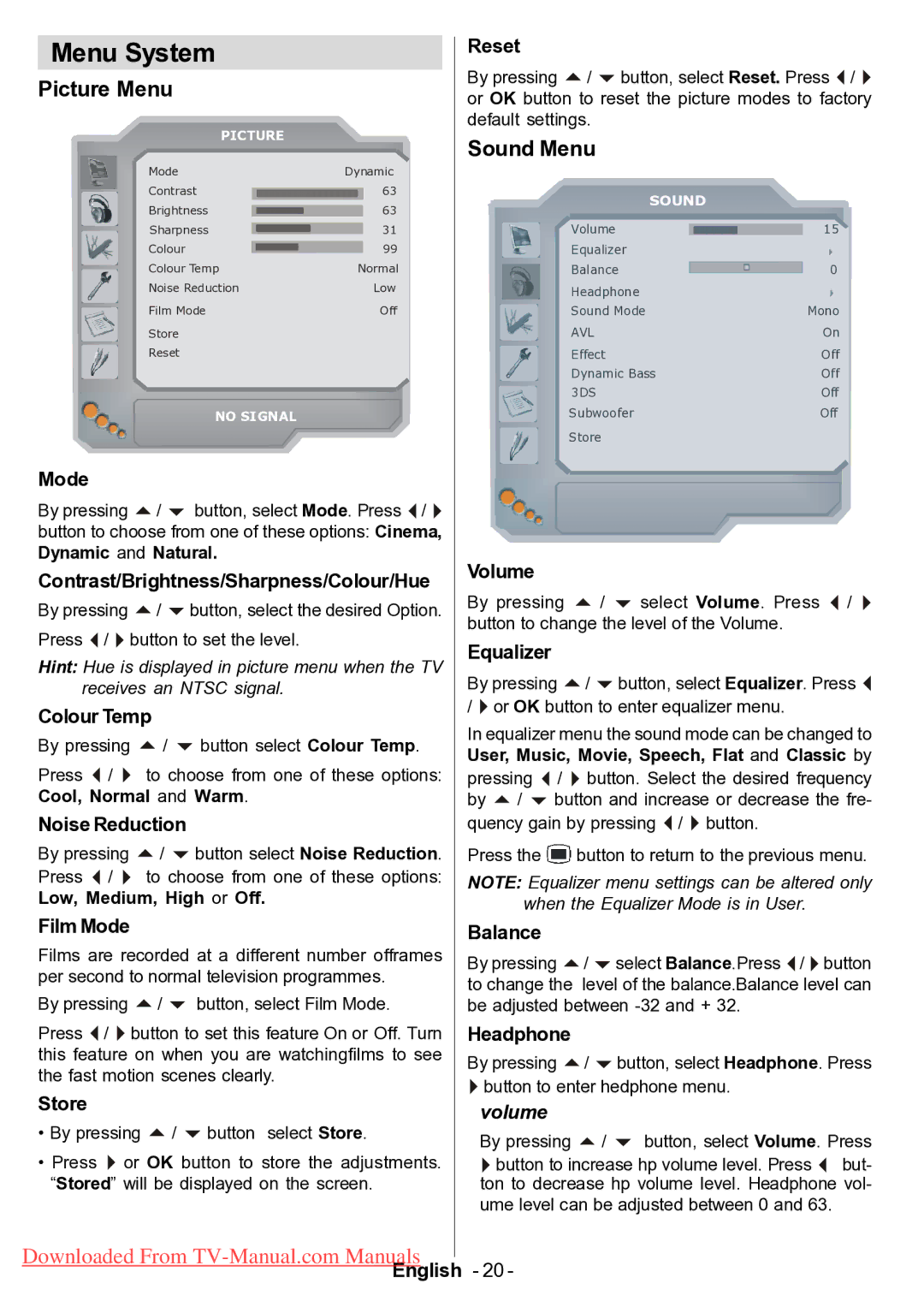 Hitachi L42VP01U manual Menu System, Picture Menu, Sound Menu 