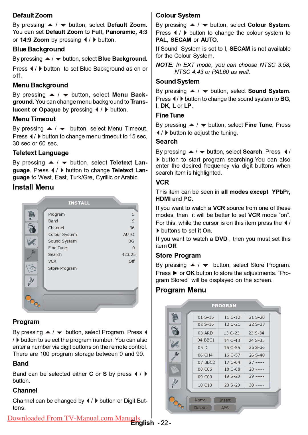 Hitachi L42VP01U manual Install Menu, Program Menu 