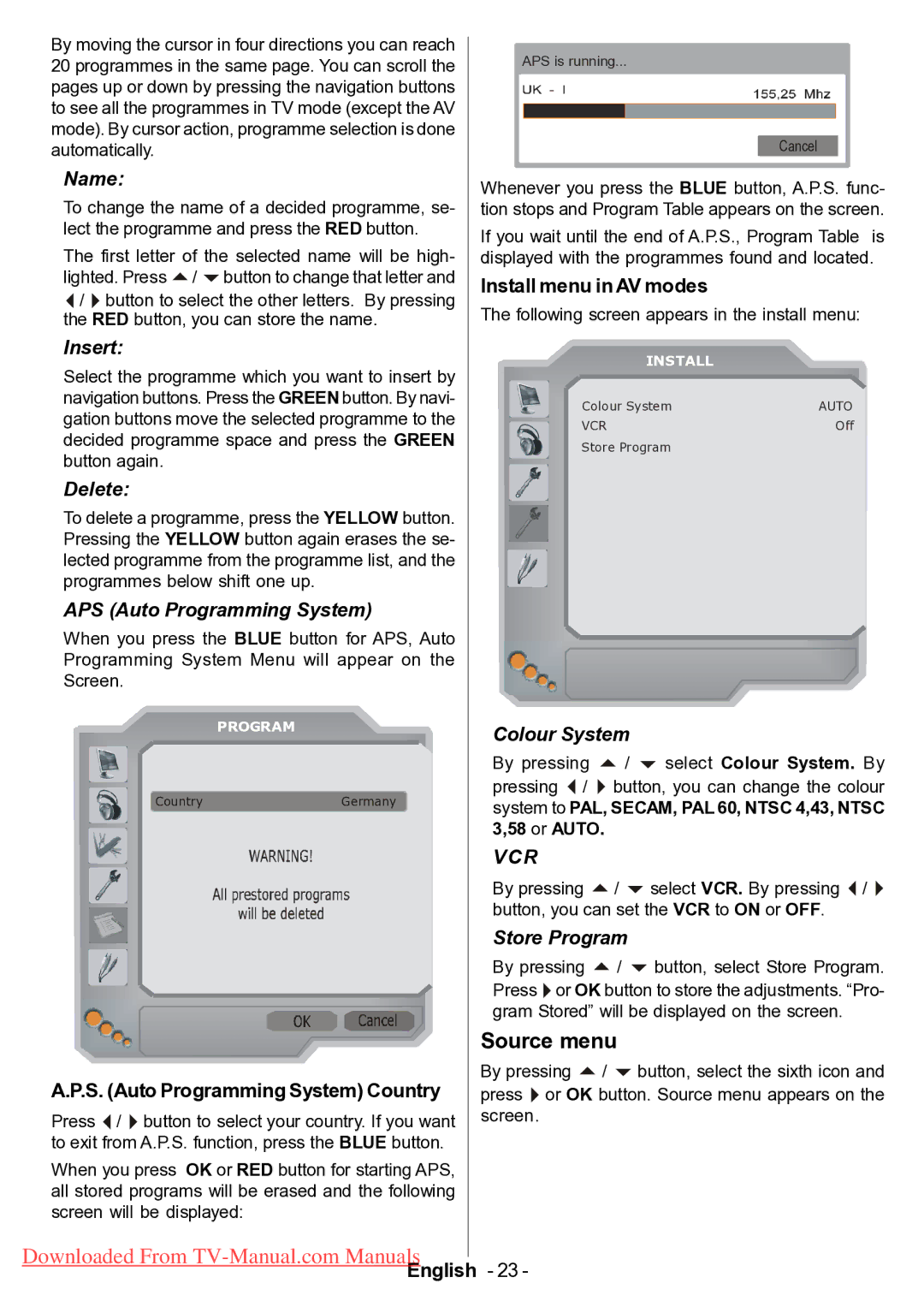 Hitachi L42VP01U manual Source menu, S. Auto Programming System Country, Install menu in AV modes 