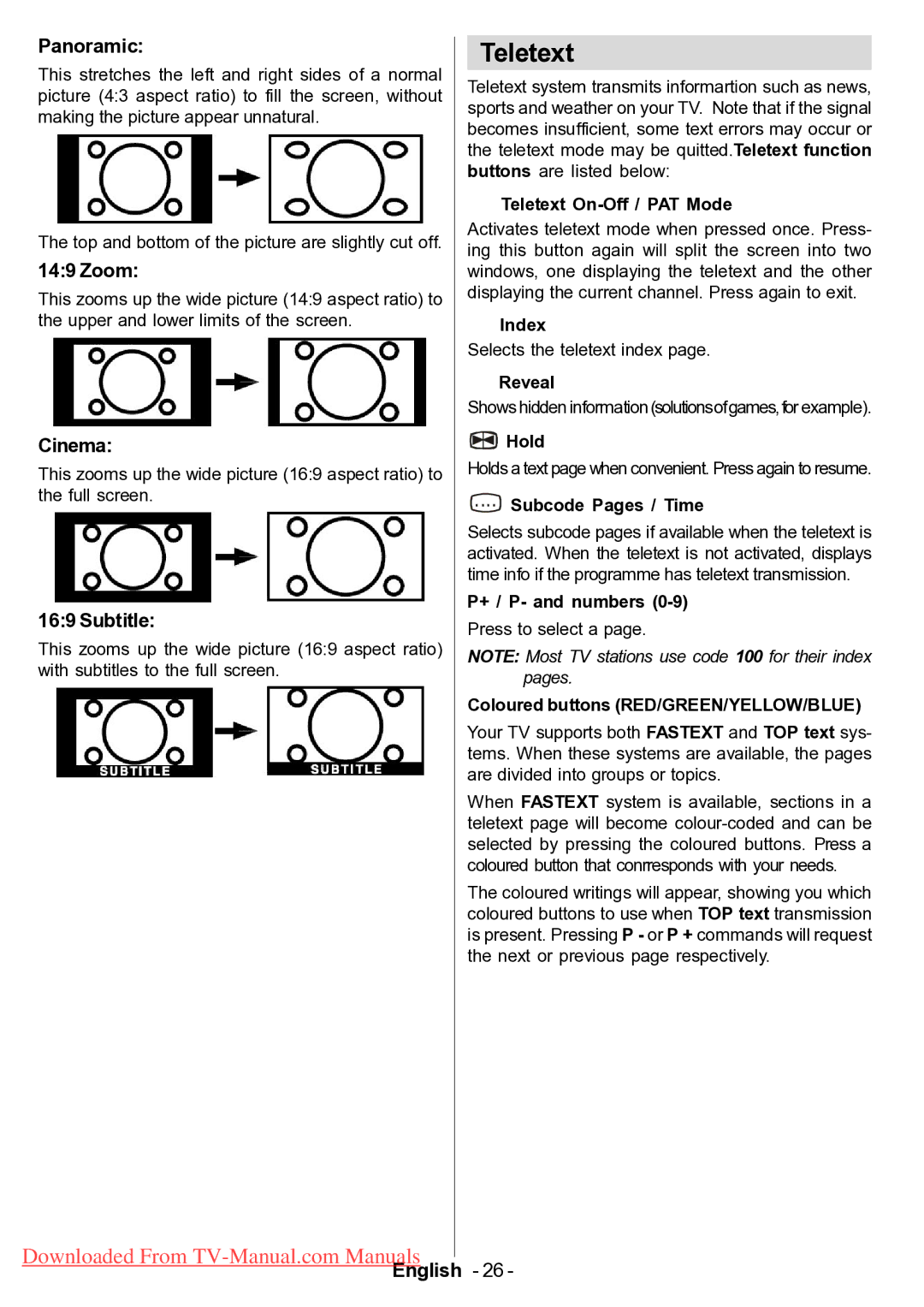 Hitachi L42VP01U manual Teletext, Panoramic, Zoom, Cinema, Subtitle 