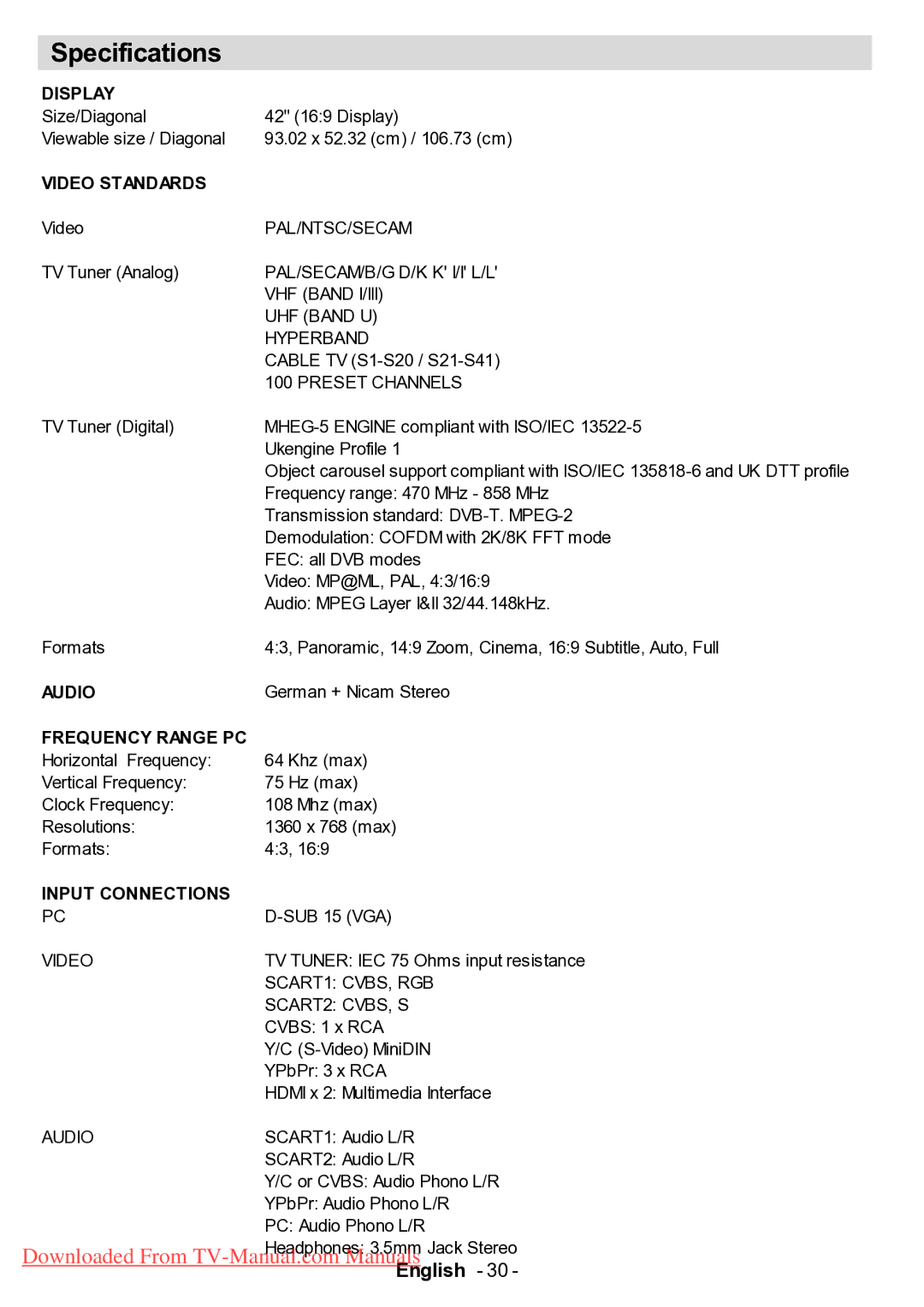 Hitachi L42VP01U manual Specifications 