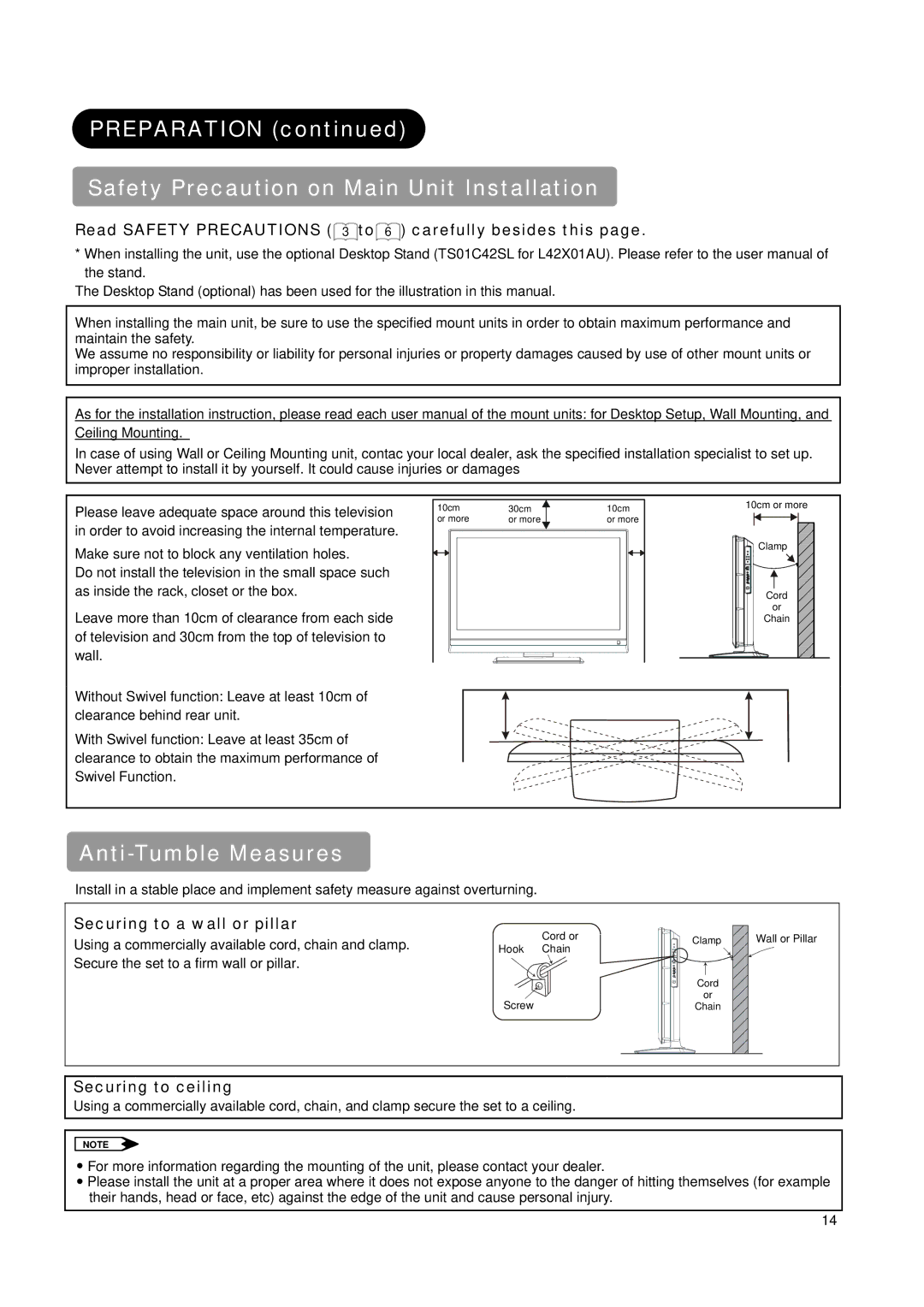 Hitachi L42X01AU manual Preparation Safety Precaution on Main Unit Installation, Anti-Tumble Measures, Securing to ceiling 