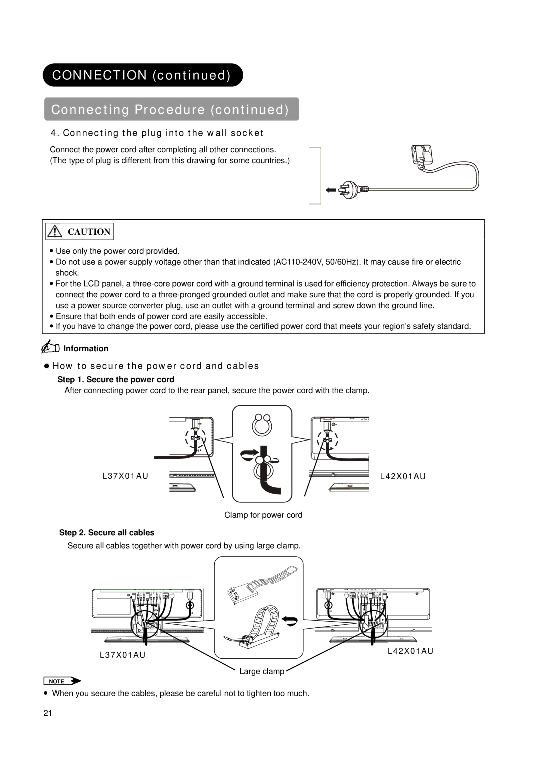 Hitachi L37X01AU, L42X01AU manual Connecting the plug into the wall socket, How to secure the power cord and cables 