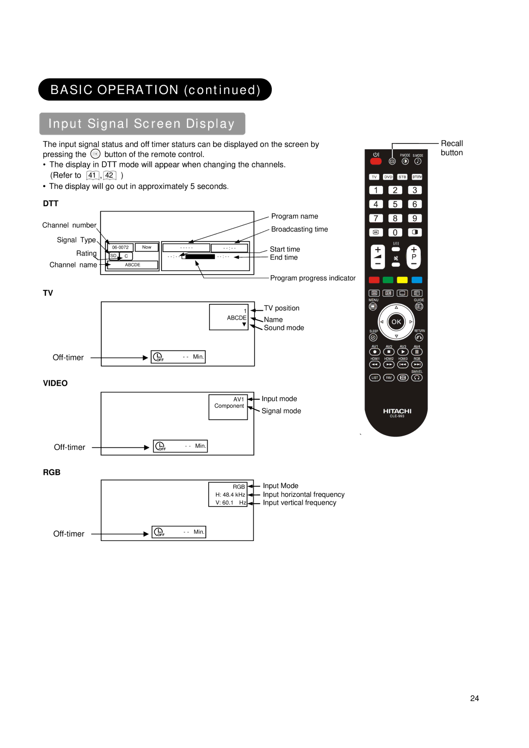 Hitachi L42X01AU, L37X01AU manual Basic Operation Input Signal Screen Display, Off-timer 