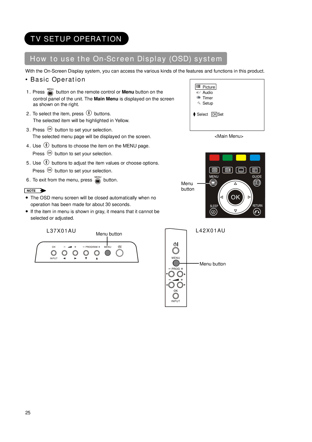 Hitachi L37X01AU, L42X01AU manual TV Setup Operation, How to use the On-Screen Display OSD system, Basic Operation 