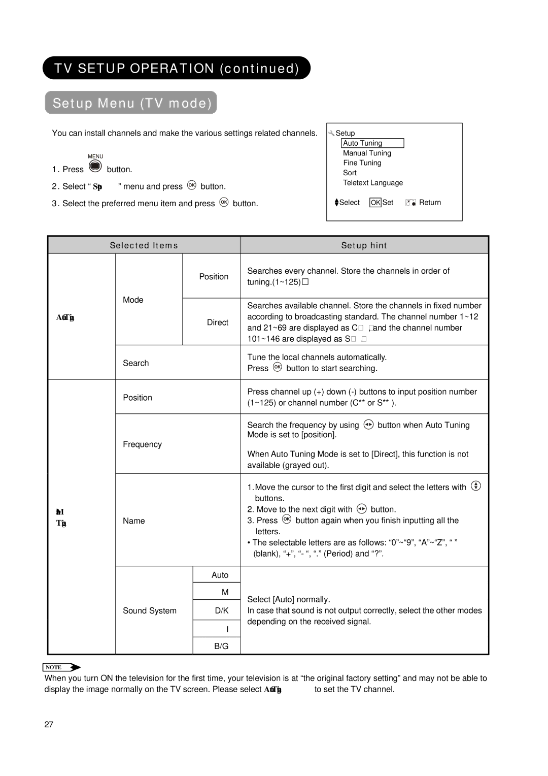Hitachi L37X01AU, L42X01AU manual TV Setup Operation Setup Menu TV mode, Selected Items Setup hint, Auto Tuning, Manual 