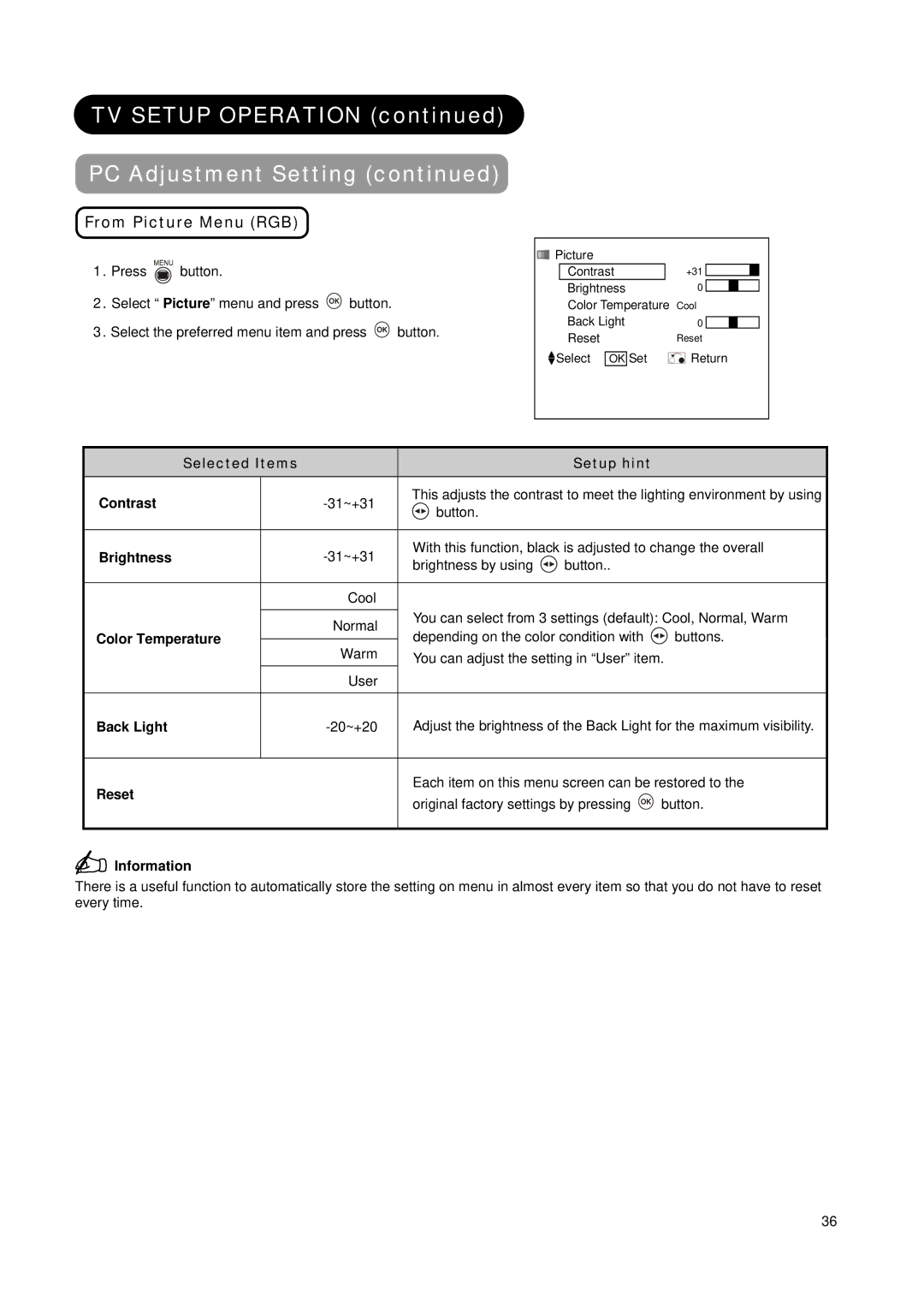 Hitachi L42X01AU, L37X01AU manual From Picture Menu RGB, Selected Items Setup hint Contrast, Color Temperature 