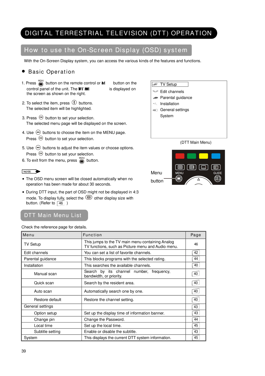 Hitachi L37X01AU, L42X01AU manual Digital Terrestrial Television DTT Operation,  Basic Operation, Menu Function 