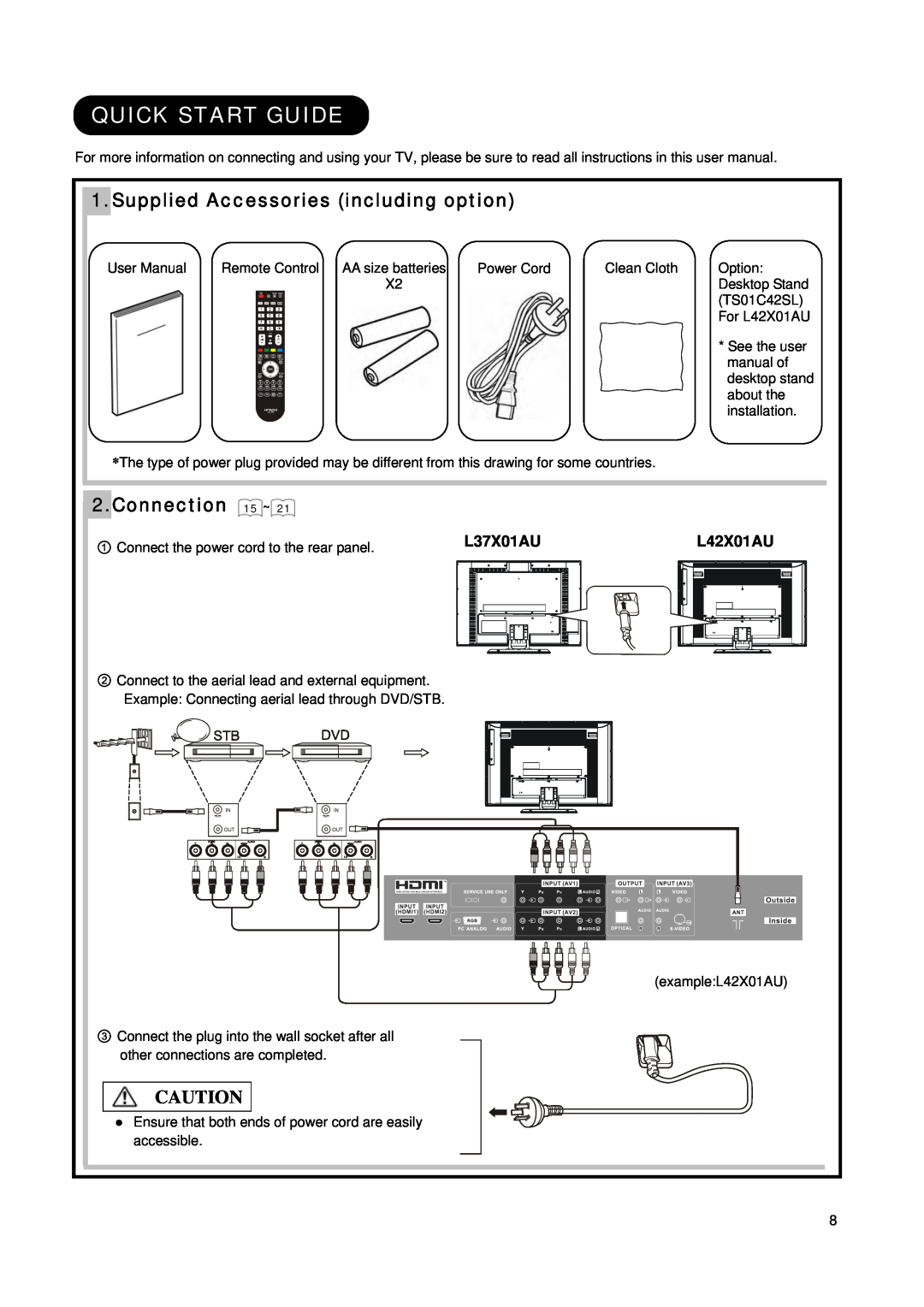 Hitachi L42X01AU manual Quick Start Guide, Supplied Accessories including option, Connection 15 ~, L37X01AU 