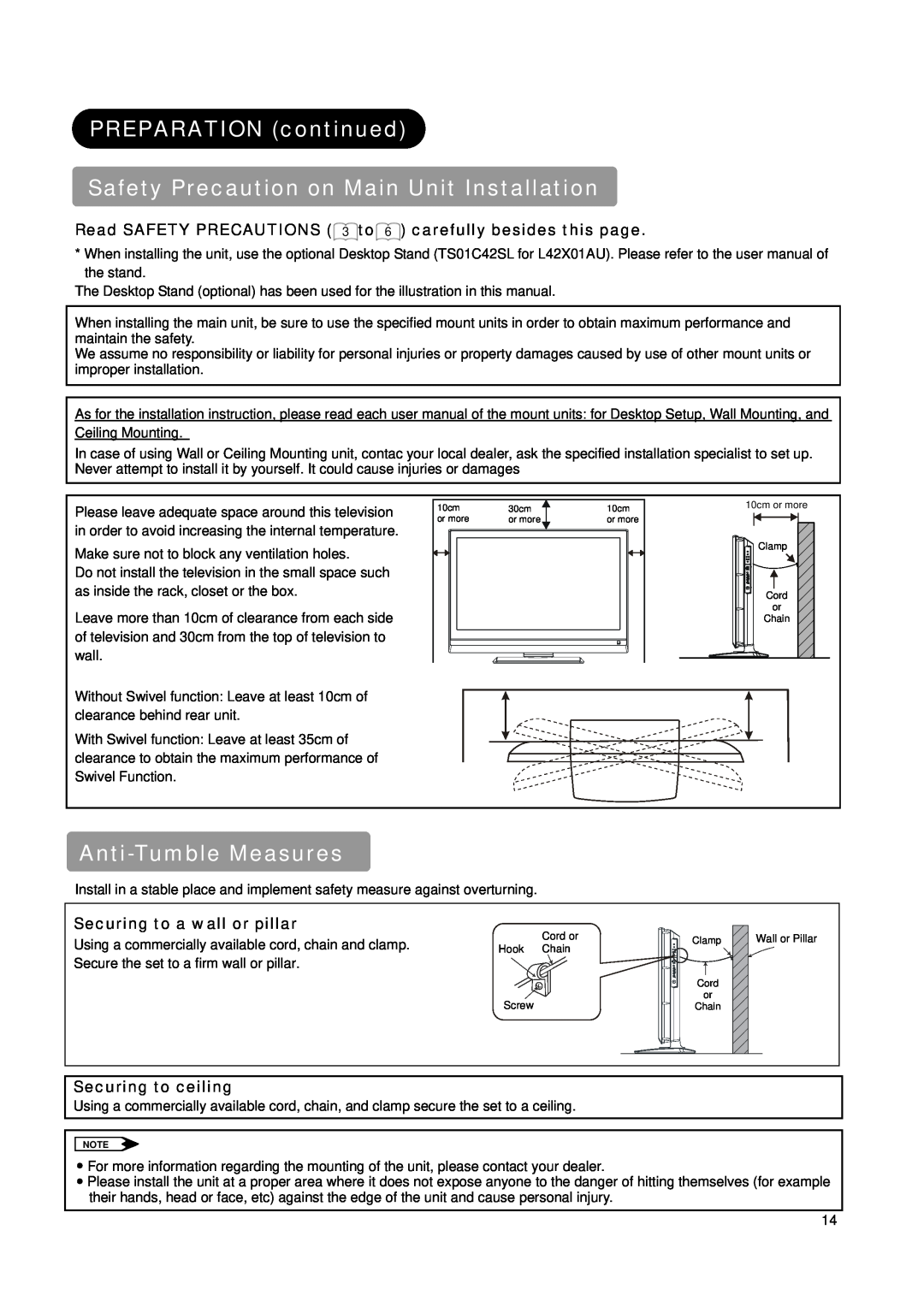 Hitachi L42X01AU, L37X01AU manual PREPARATION continued Safety Precaution on Main Unit Installation, Anti-Tumble Measures 