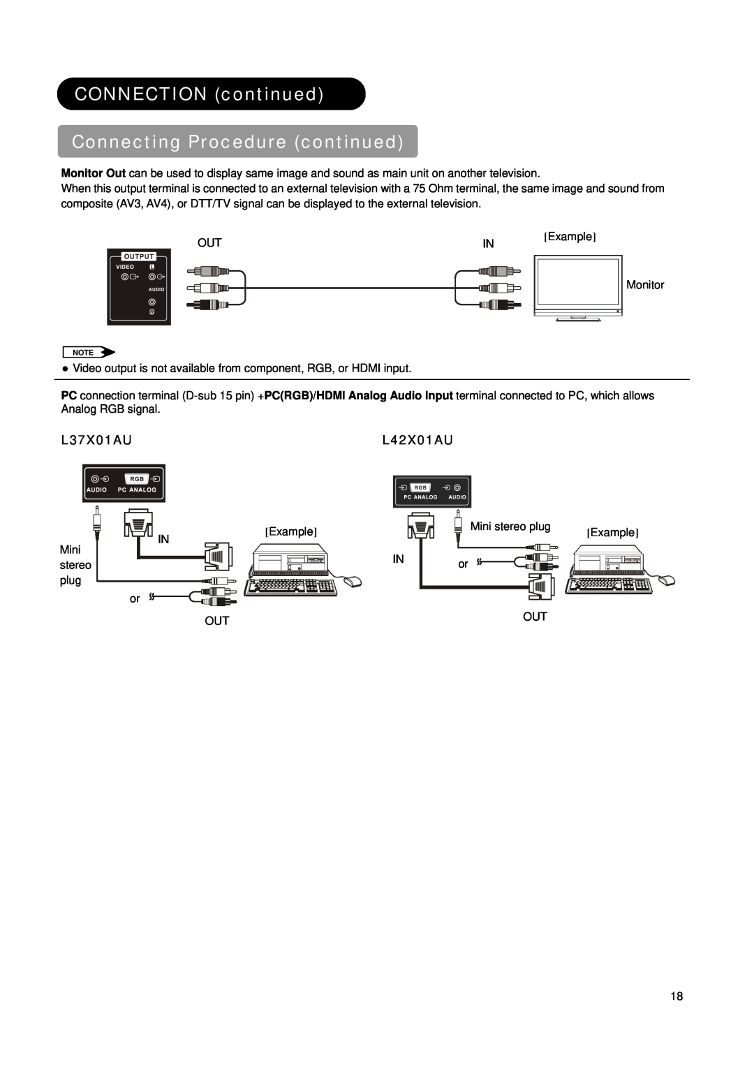 Hitachi L42X01AU manual CONNECTION continued Connecting Procedure continued, L37X01AU 