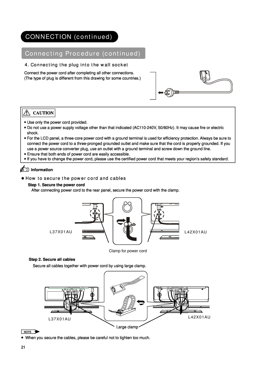 Hitachi L37X01AU, L42X01AU manual Connecting the plug into the wall socket, z How to secure the power cord and cables 
