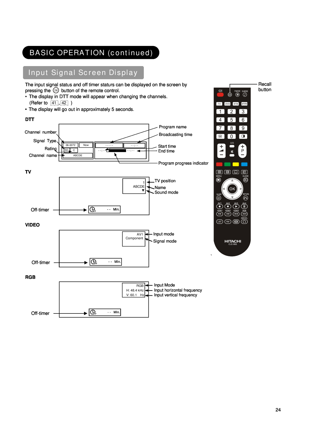 Hitachi L42X01AU, L37X01AU manual BASIC OPERATION continued Input Signal Screen Display, Video, Off-timer 