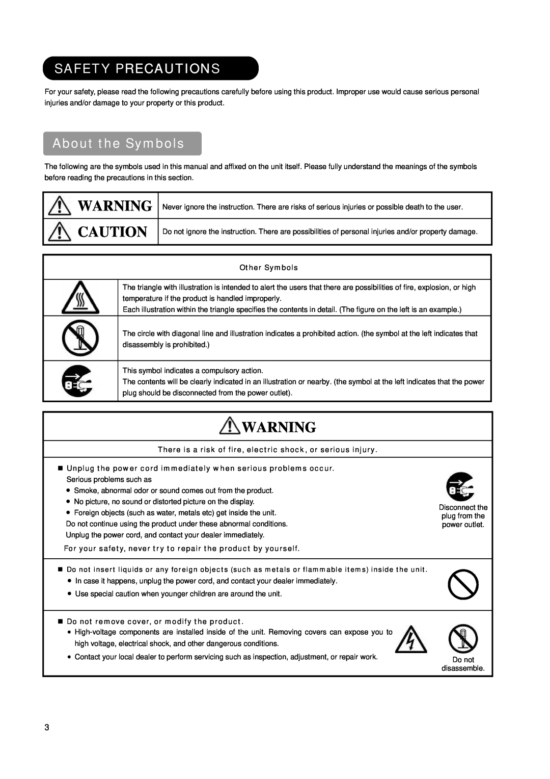 Hitachi L37X01AU manual Safety Precautions, About the Symbols, Other Symbols, „ Do not remove cover, or modify the product 