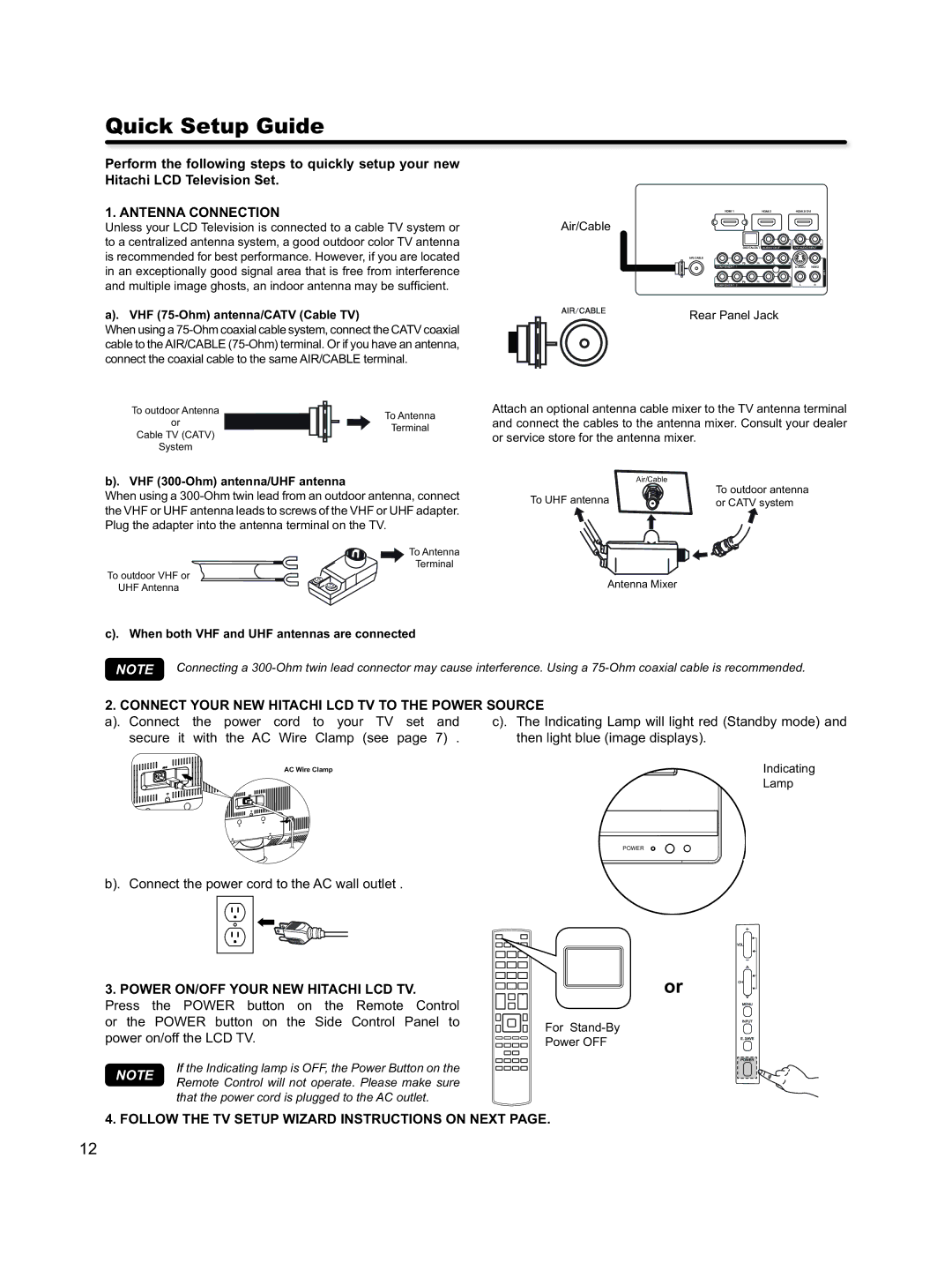 Hitachi L46S603 Quick Setup Guide, Antenna Connection, Connect Your NEW Hitachi LCD TV to the Power Source 