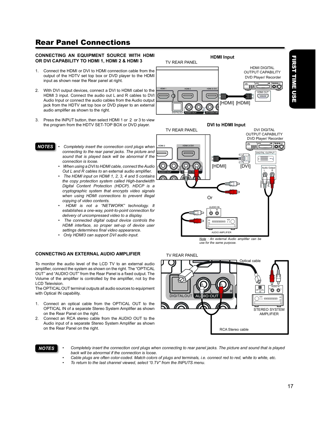 Hitachi L46S603 important safety instructions DVI to Hdmi Input, Connecting AN External Audio Amplifier 