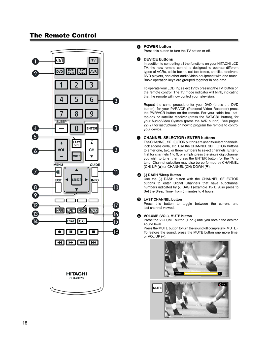 Hitachi L46S603 important safety instructions Remote Control, Device buttons, Channel Selector / Enter buttons 