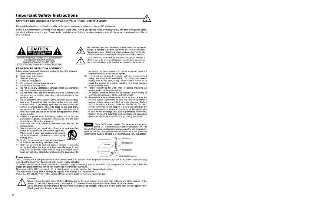 Hitachi L46S603 important safety instructions Important Safety Instructions, Read Before Operating Equipment, Power source 