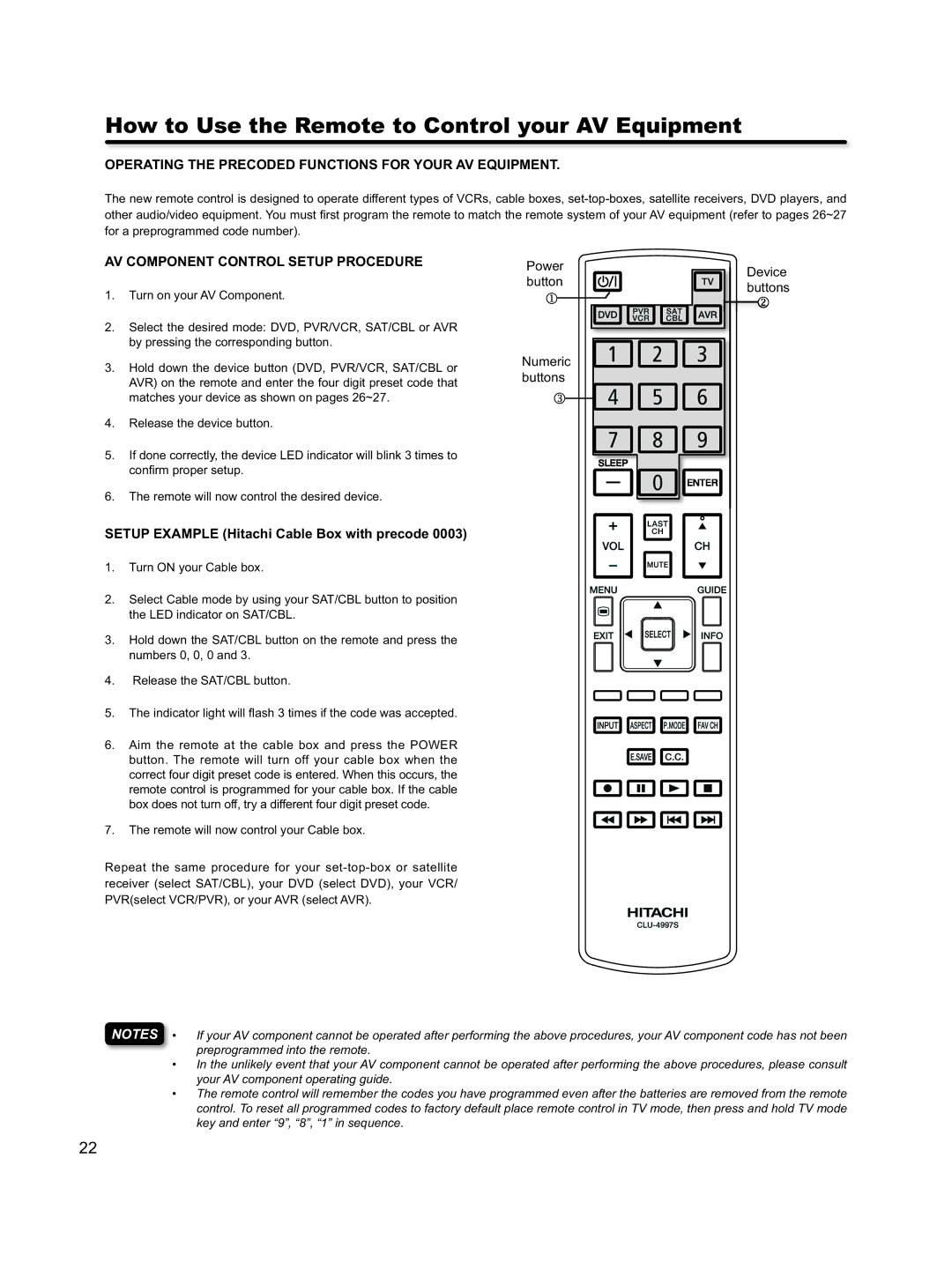 Hitachi L46S603 How to Use the Remote to Control your AV Equipment, Operating the Precoded Functions for Your AV Equipment 