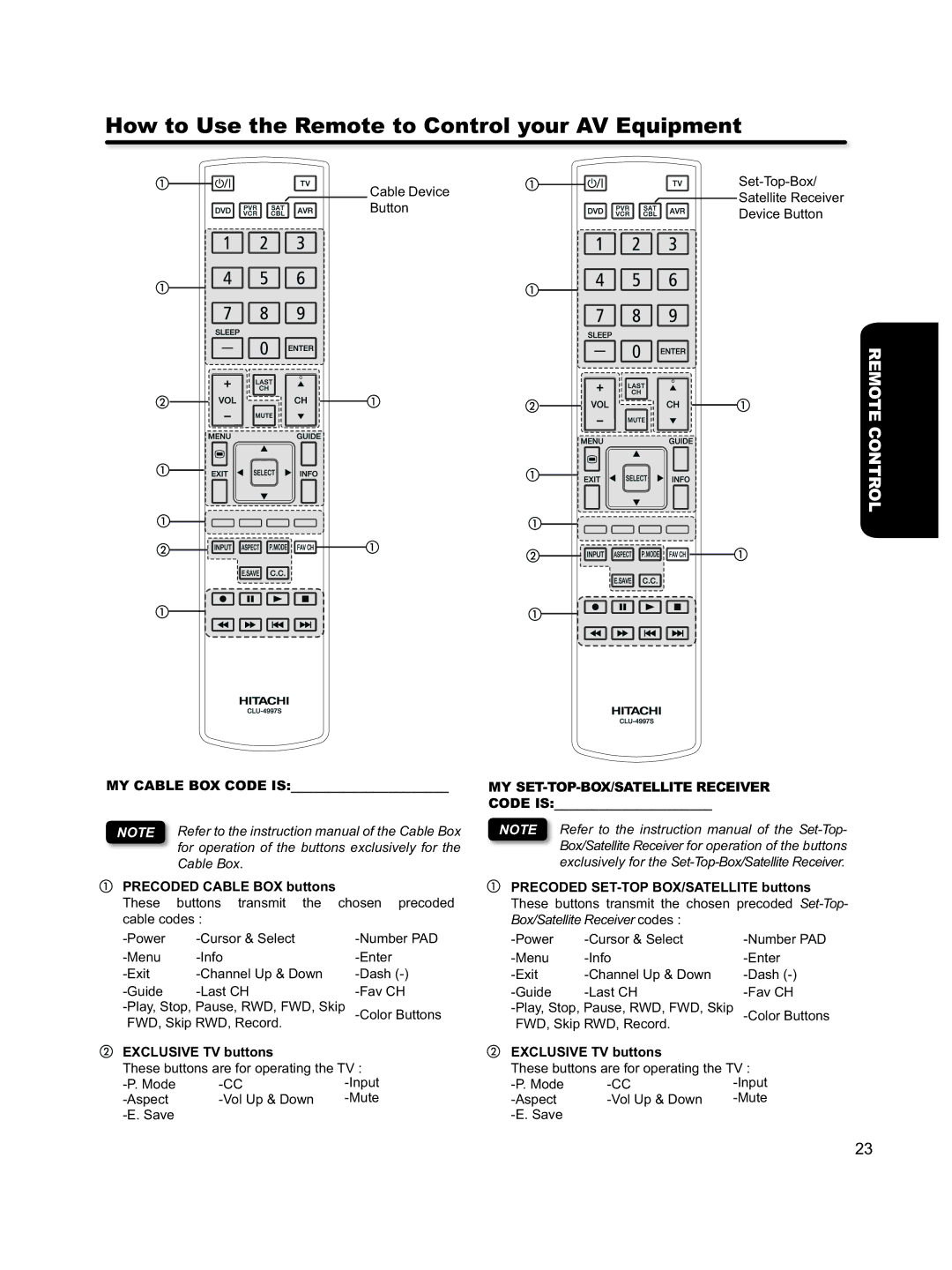 Hitachi L46S603 important safety instructions MY Cable BOX Code is, Exclusive TV buttons 