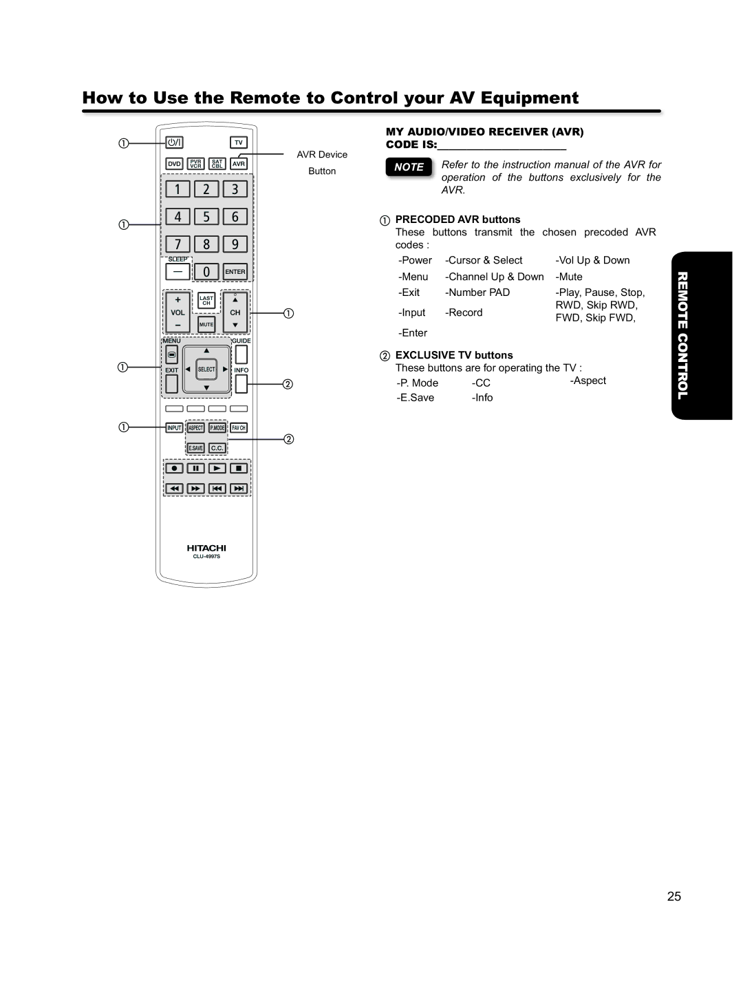 Hitachi L46S603 important safety instructions MY AUDIO/VIDEO Receiver AVR, Code is, Precoded AVR buttons 