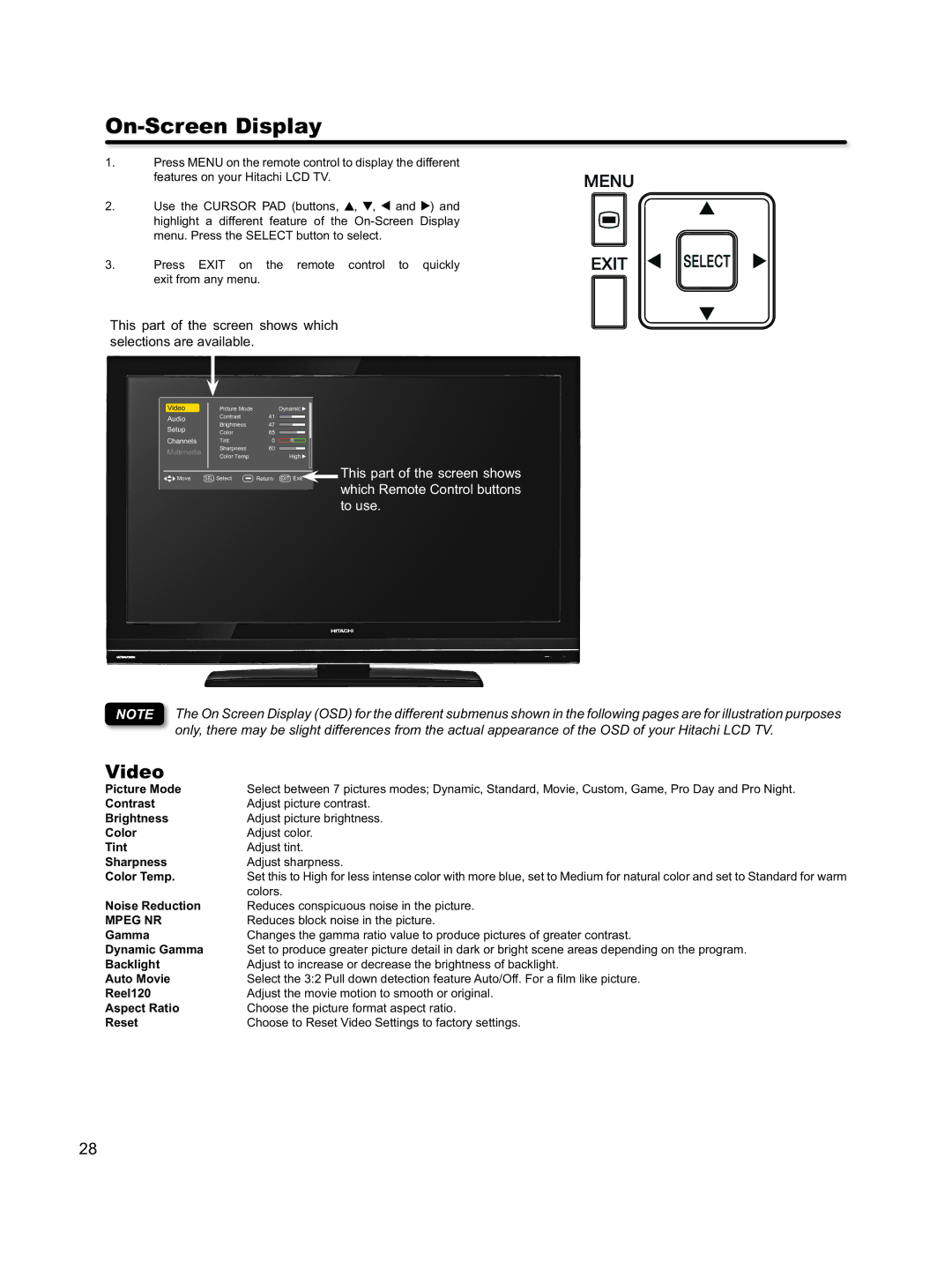 Hitachi L46S603 On-Screen Display, Colors, Noise Reduction Reduces conspicuous noise in the picture 