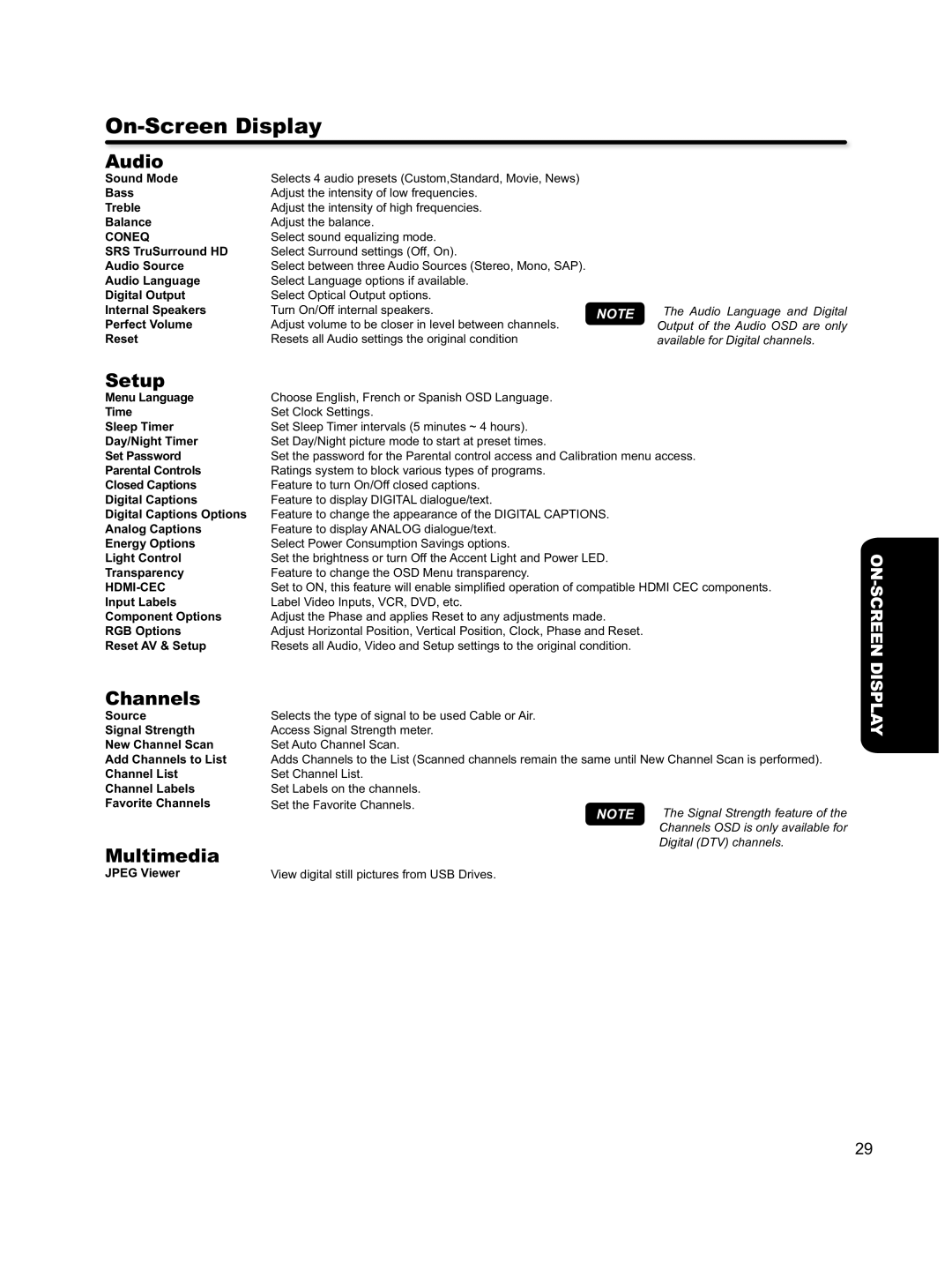 Hitachi L46S603 Sound Mode, Bass, Treble, Balance, SRS TruSurround HD, Audio Source, Audio Language, Digital Output 