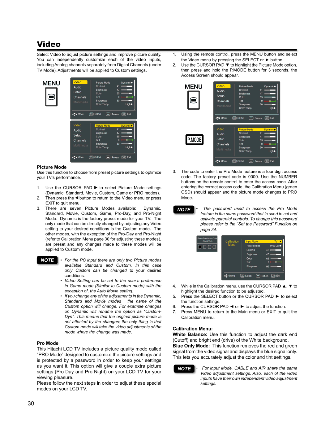 Hitachi L46S603 important safety instructions Video, Picture Mode, Pro Mode, Calibration Menu 