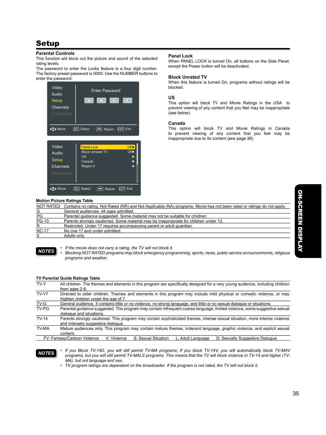 Hitachi L46S603 important safety instructions Parental Controls, Panel Lock, Block Unrated TV, Canada 