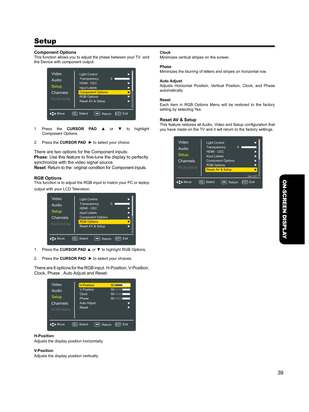 Hitachi L46S603 important safety instructions Component Options, RGB Options, Reset AV & Setup 