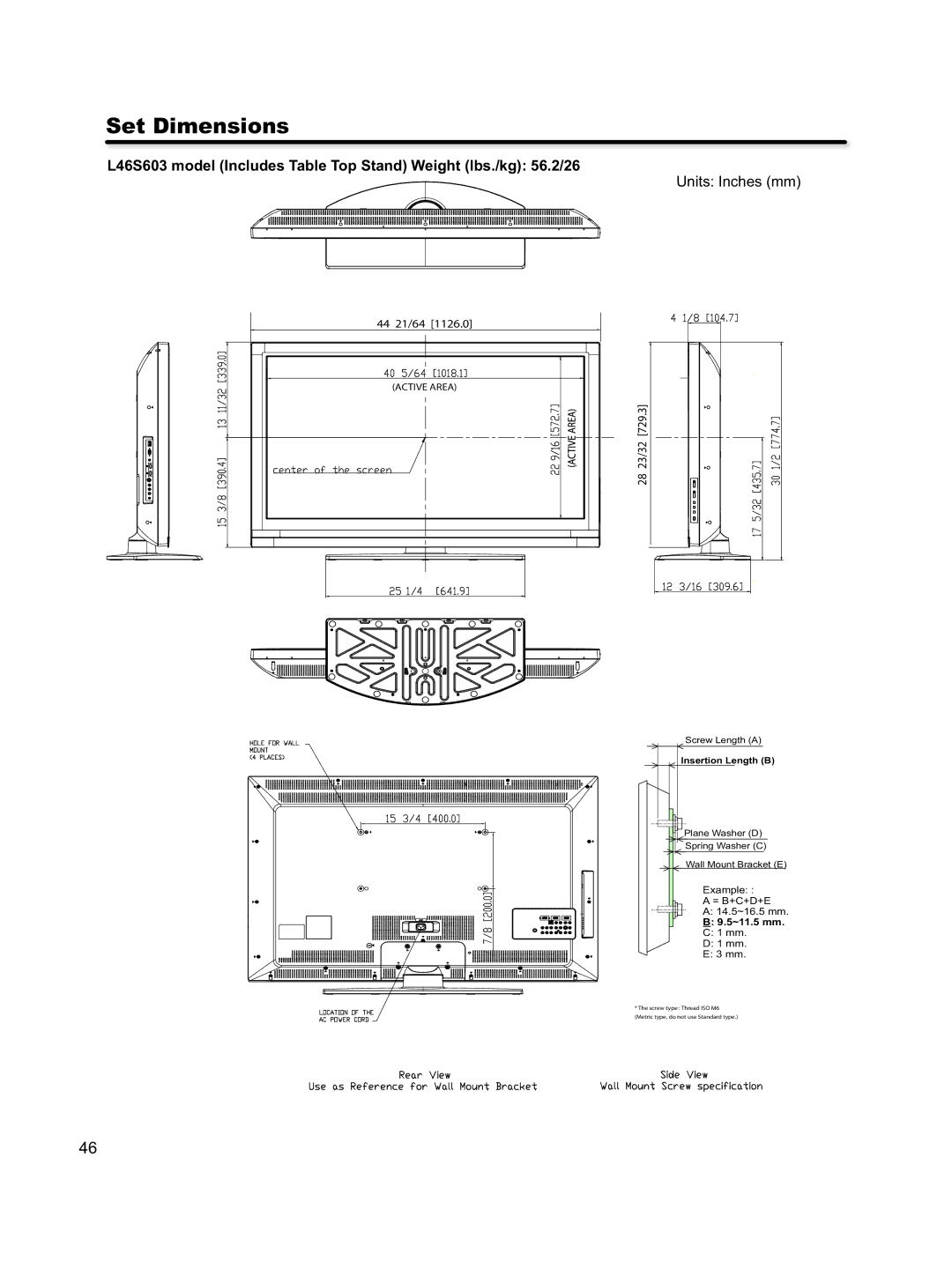 Hitachi L46S603 important safety instructions Set Dimensions, Units Inches mm 