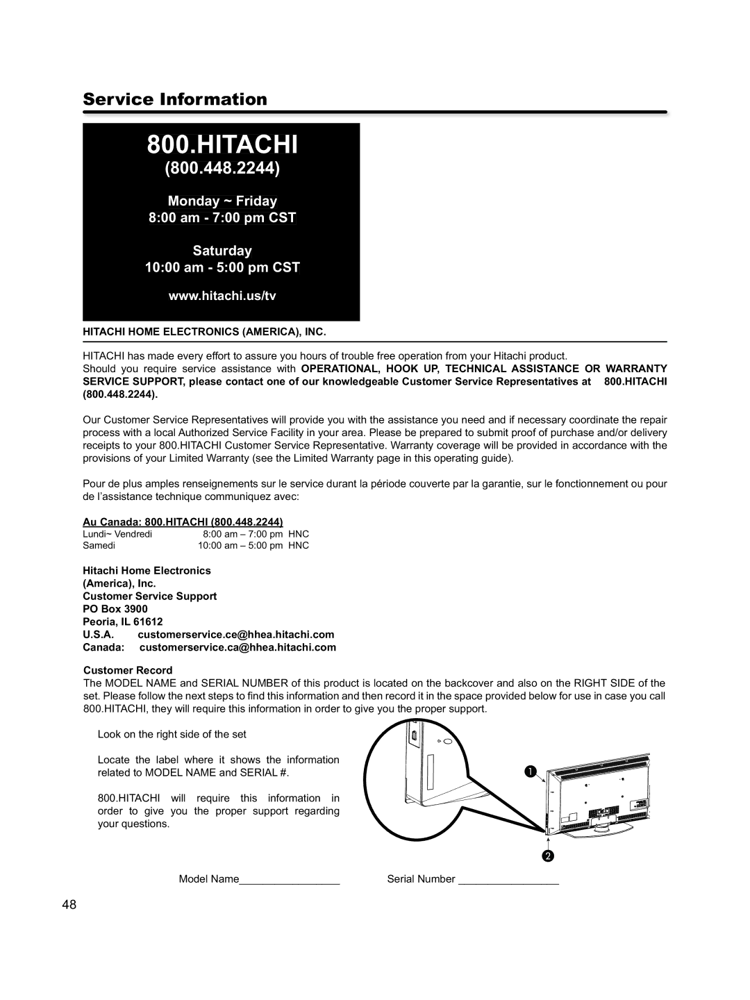 Hitachi L46S603 Service Information, Hitachi Home Electronics AMERICA, INC, Au Canada 800.HITACHI 