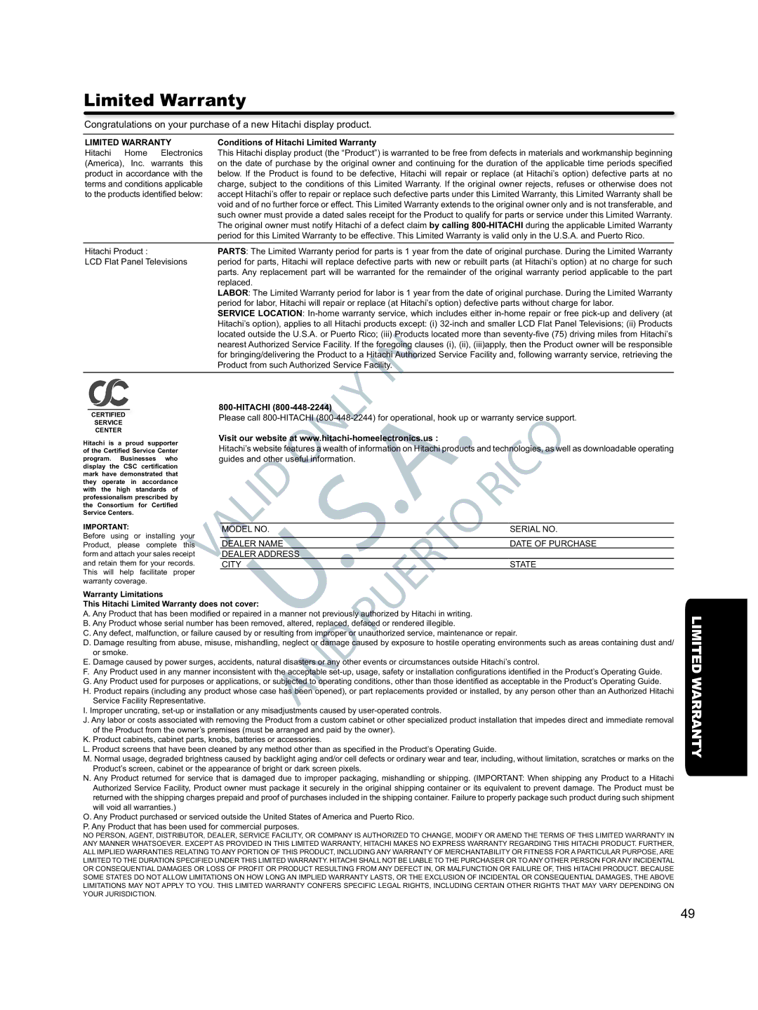 Hitachi L46S603 important safety instructions Limited Warranty 