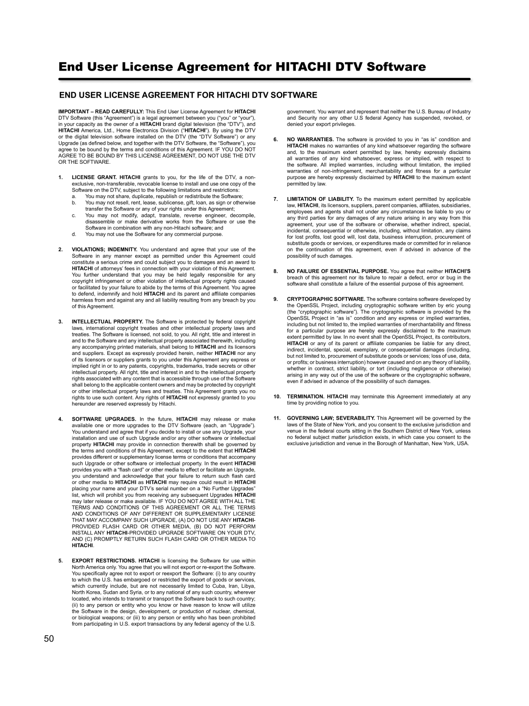 Hitachi L46S603 End User License Agreement for Hitachi DTV Software, END User License Agreement for Hitachi DTV Software 