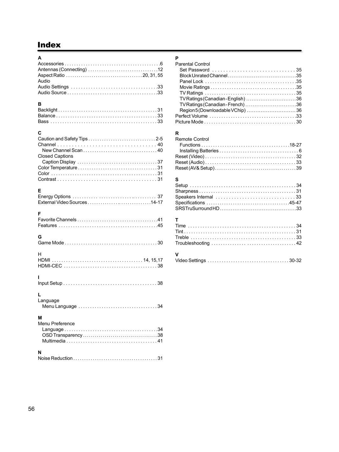 Hitachi L46S603 important safety instructions Index 