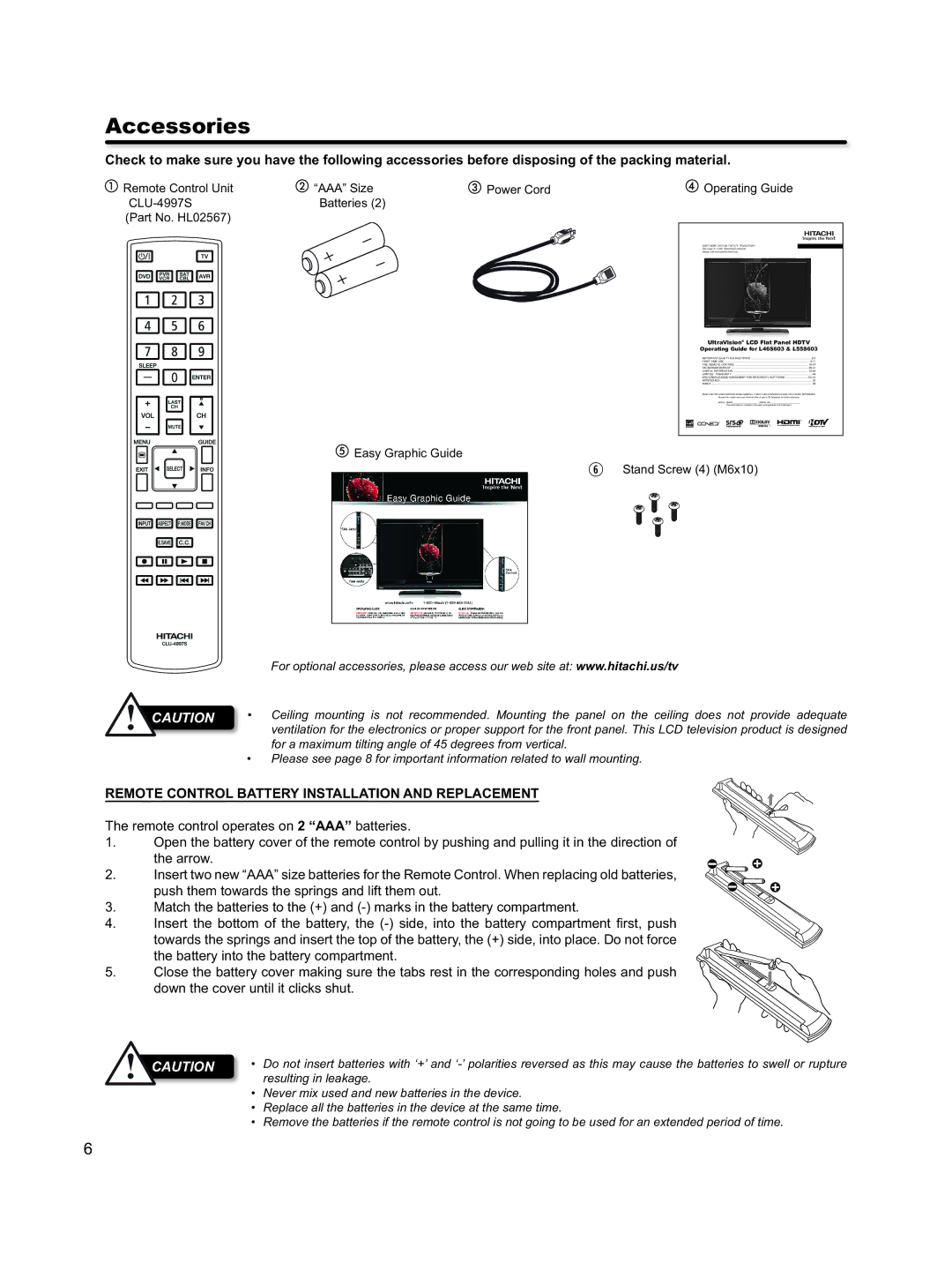 Hitachi L46S603 important safety instructions Accessories, Remote Control Battery Installation and Replacement 