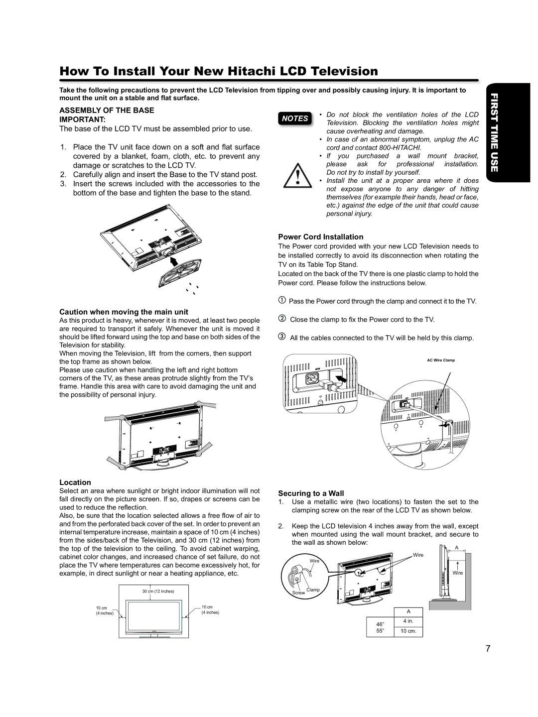 Hitachi L46S603 How To Install Your New Hitachi LCD Television, Assembly of the Base, Location, Power Cord Installation 