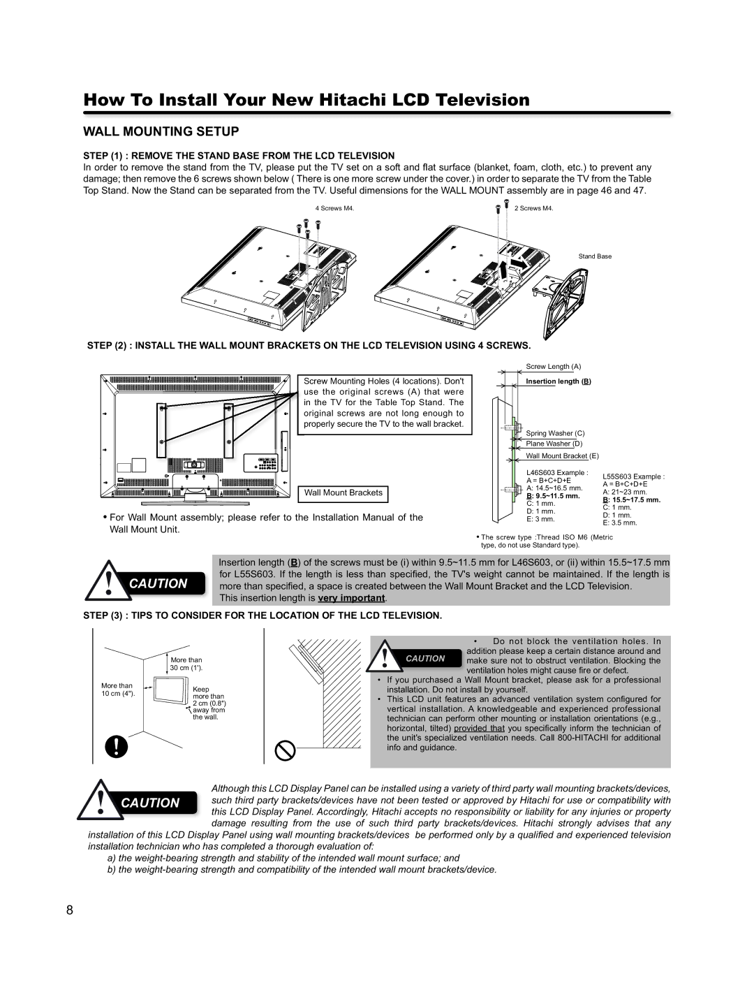 Hitachi L46S603 important safety instructions Wall Mounting Setup 