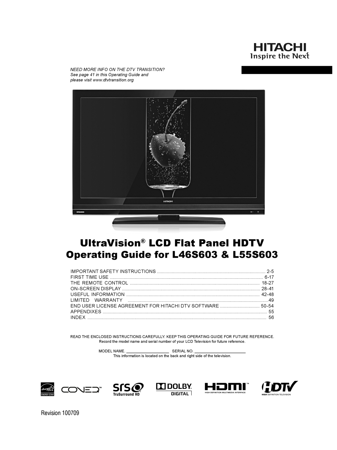 Hitachi important safety instructions UltraVision LCD Flat Panel HDTV, Operating Guide for L46S603 & L55S603, Revision 