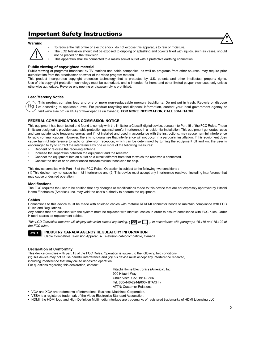 Hitachi L46S603 Important Safety Instructions, Public viewing of copyrighted material, Lead/Mercury Notice, Modiﬁcations 